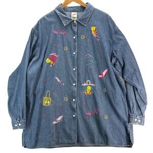 Warner Bros Studio Store Vintage Tweety Embroidered Blue Button Up Women XXL